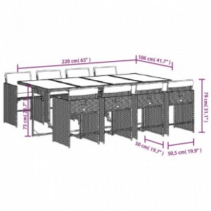 9 részes fekete polyrattan kerti étkezőgarnitúra párnákkal