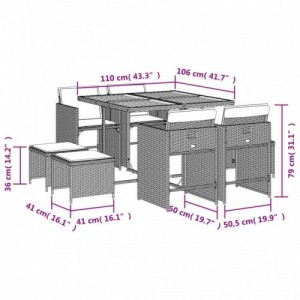 9 részes szürke polyrattan kerti étkezőgarnitúra párnával