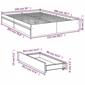 Füstös tölgy színű szerelt fa ágykeret fiókokkal 150x200 cm