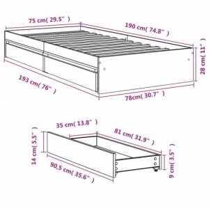 Betonszürke szerelt fa ágykeret fiókokkal 75 x 190 cm