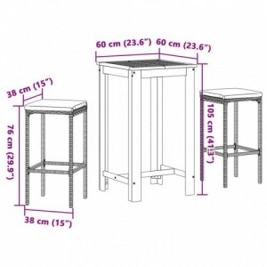 3 részes szürke tömör akácfa és polyrattan kerti bárszett