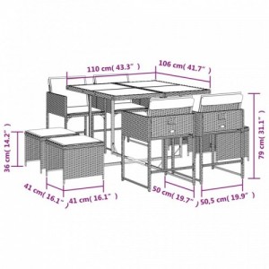 9 részes fekete polyrattan kerti étkezőgarnitúra párnákkal