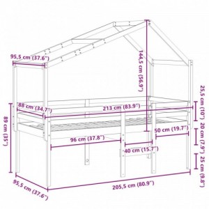 Viaszbarna tömör fenyőfa magasított ágy tetővel 90 x 200 cm