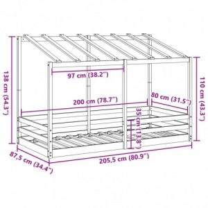 Fehér tömör fenyőfa gyerekágy tetővel 80 x 200 cm