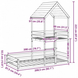 Viaszbarna tömör fenyőfa ágy emelettel és tetővel 80 x 200 cm