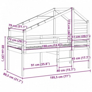 Fehér tömör fenyőfa magasított ágy tetővel 75 x 190 cm