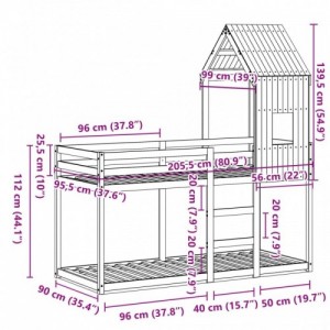 Fehér tömör fenyőfa ágy emelettel és tetővel 90 x 200 cm