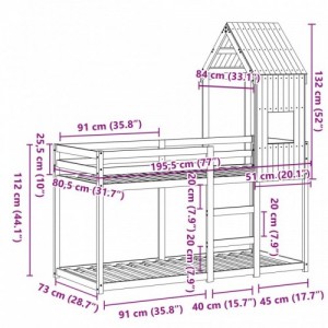 Viaszbarna tömör fenyőfa ágy emelettel és tetővel 75 x 190 cm