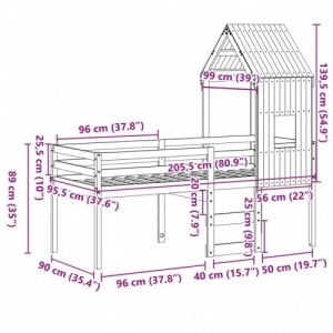 Tömör fenyőfa magasított ágy tetővel 90 x 200 cm