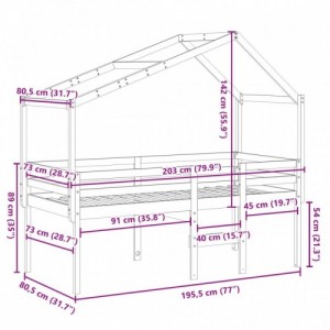 Tömör fenyőfa magasított ágy tetővel 75 x 190 cm