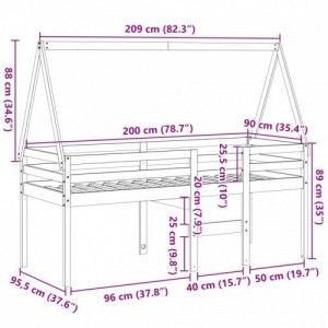 Fehér tömör fenyőfa magasított ágy tetővel 90 x 200 cm