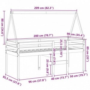 Viaszbarna tömör fenyőfa magasított ágy tetővel 80 x 200 cm