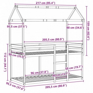 Fehér tömör fenyőfa ágy emelettel és tetővel 90 x 200 cm