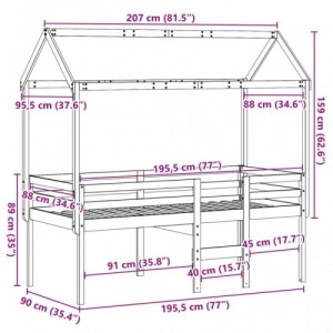 Fehér tömör fenyőfa magasított ágy tetővel 90 x 190 cm