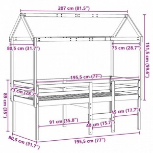 Fehér tömör fenyőfa magasított ágy tetővel 75 x 190 cm