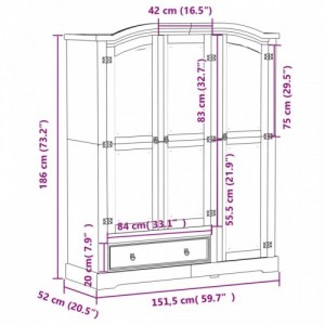 Fehér Corona tömör fenyőfa ruhásszekrény 151,5 x 52 x 186 cm