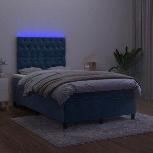 Sötétkék bársony rugós és LED-es ágy matraccal 120x190 cm