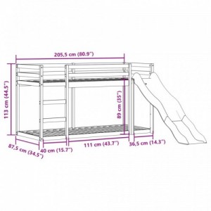 Fehér tömör fenyő emeletes ágy csúszdával és létrával 80x200 cm