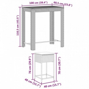 5 részes barna polyrattan kerti bárszett párnákkal