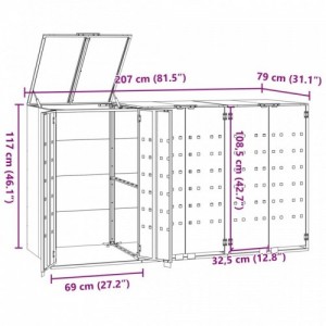 Antracit acél kerekes tároló 3 szemeteskukához 207x79x117 cm