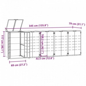 Antracit acél kerekes tároló 5 szemeteskukához 345x79x117 cm