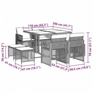 9 részes fekete polyrattan kerti étkezőgarnitúra párnákkal