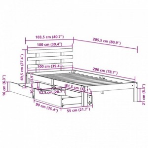 Tömör fenyőfa ágykeret fiókokkal 100 x 200 cm