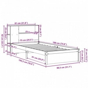 Fehér tömör fenyőfa könyvespolcos ágy matrac nélkül 75 x 190 cm