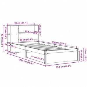 Fehér tömör fenyőfa könyvespolcos ágy matrac nélkül 90 x 190 cm