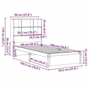 Fehér tömör fenyőfa könyvespolcos ágy matrac nélkül 90 x 190 cm