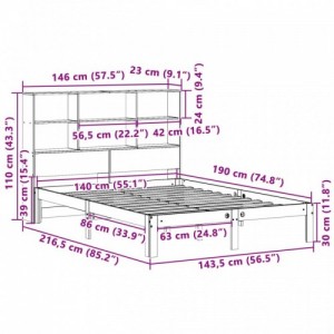 Barna tömör fenyőfa könyvespolcos ágy matrac nélkül 140 x 190cm