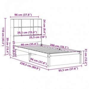 Barna tömör fenyőfa könyvespolcos ágy matrac nélkül 90 x 200 cm