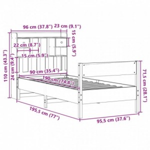 Barna tömör fenyőfa könyvespolcos ágy matrac nélkül 90 x 190 cm