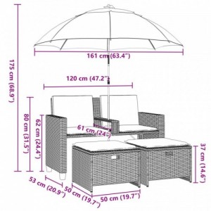 2 személyes fekete polyrattan kerti kanapé napernyővel|székkel