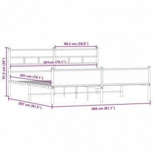 Füstös tölgy színű fém ágykeret matrac nélkül 200 x 200 cm