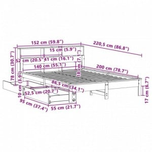 Barna tömör fenyőfa könyvespolcos ágy matrac nélkül 140 x 200cm